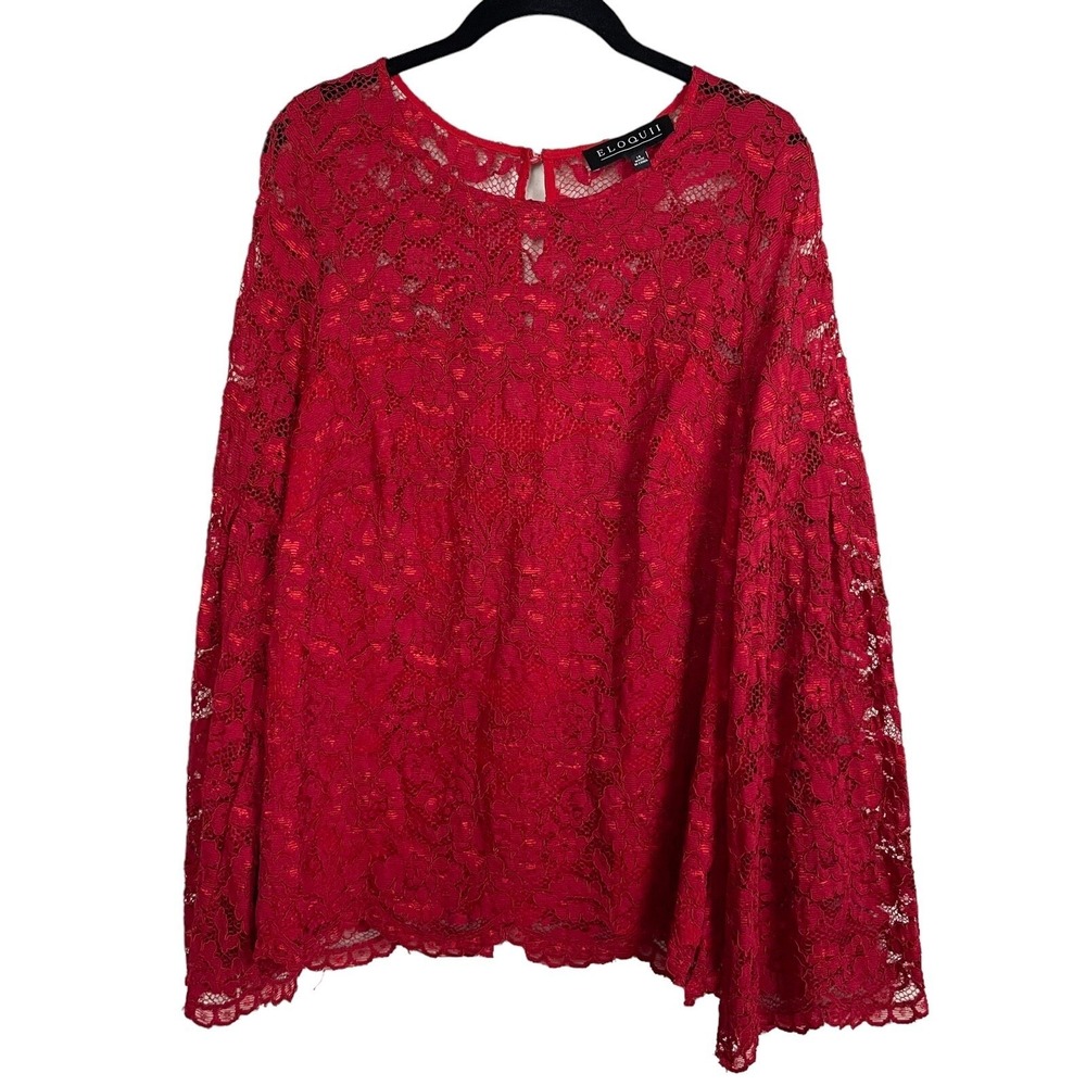 Eloquii Red Lace Lined Blouse 14 Long Bell Sleeve Career Valentines Date Night